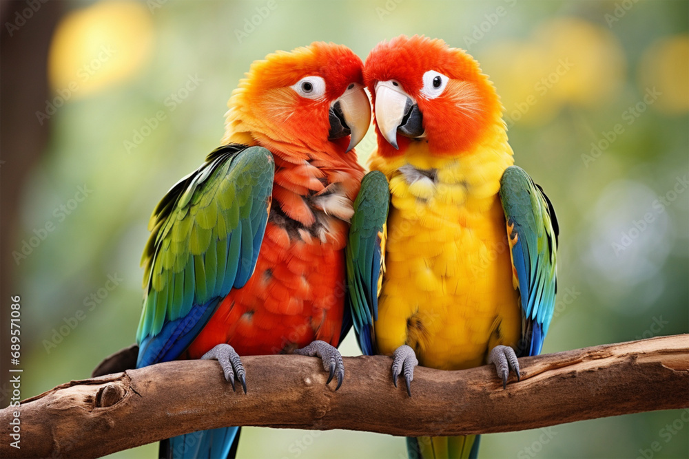 a pair of parrots hugging each other