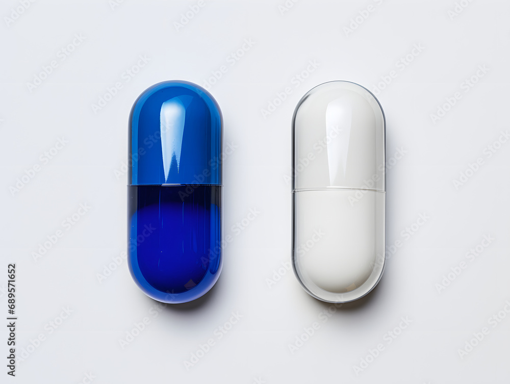 Two large, contrasting colored capsules; one is blue and the other is white, isolation on a clean white background Two large, contrasting colored capsules; one is blue and the other is white, isolation on a clean white background