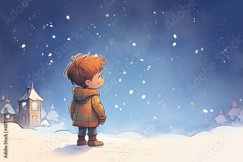 young stargazer observing snowy night sky