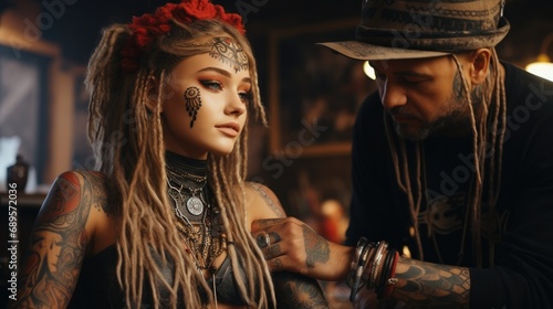 Girl with dreadlocks in tattoo parlor photo