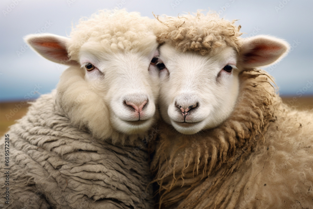 a pair of sheep hugging each other