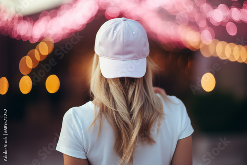 Back view of a woman wearing a pink baseball cap, long blonde hair and white t-shirt, facing away from camera photo
