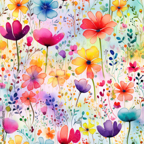 Seamless beautiful watercolor spring flowers pattern background © eobrazy_pl