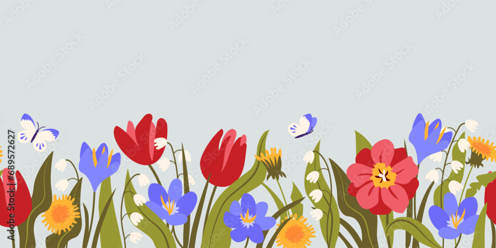 Horizontal seamless border with colorful blooming spring flowers and ...