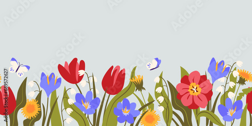 Horizontal seamless border with colorful blooming spring flowers and leaves: tulips, lily of the valley, dandelion, crocus. Spring botanical flat vector background.