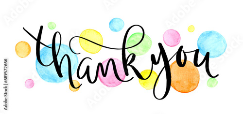 THANK YOU black vector brush calligraphy with colorful watercolor dots