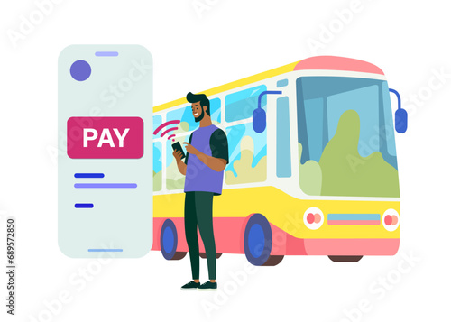Man with dark skin,buying bus ticket online on smartphone isolated on white background. Book and buy bus ticket. Travel ,tourism concept. Trip, buying tickets for bus contactless payment . NFC payment