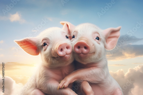a pair of pigs are hugging photo