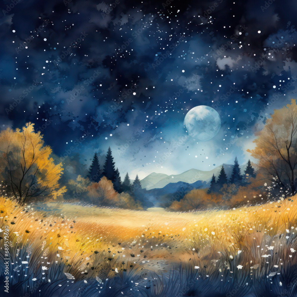Watercolor night beautiful landscape background