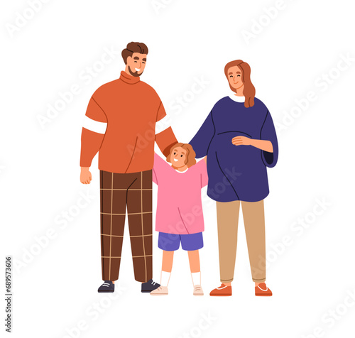 Family with child, pregnant wife and husband. Happy parents, mom, dad and girl kid hugging. Mother, father, partners couple expecting baby. Flat vector illustration isolated on white background