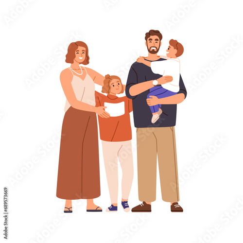 Parents and children. Happy family portrait. Mom, dad and kids. Mother, daughter, father holding toddler son. Wife, husband with siblings. Flat vector illustration isolated on white background