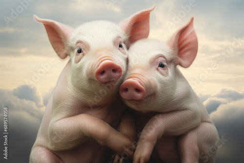 a pair of pigs are hugging