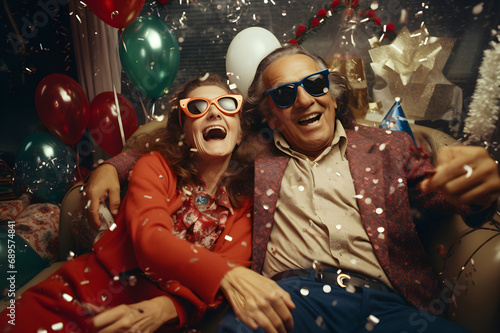 Elderly couple partying on Valentine's Day or anniversary in vintage style