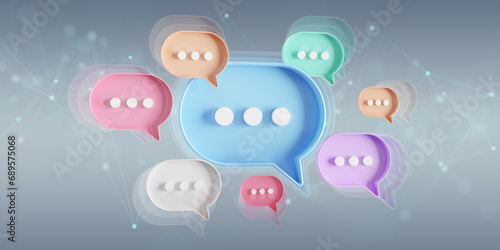 Minimalist blue red orange green purple speech bubbles talk icons floating over grey background. Modern conversation or social media messages with shadow. 3D rendering