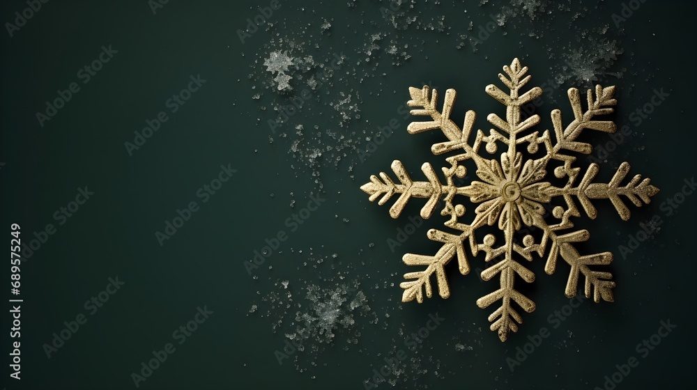 Fototapeta premium gold Snow Flake on forest green background wallpaper christmas theme holiday festive delicate
