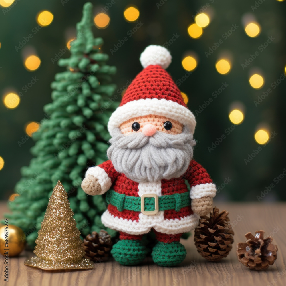 personnage du père noël en amigurumi, tricoter en laine au crochet, décor de noël en arrière plan personnage du père noël en amigurumi, tricoter en laine au crochet, décor de noël en arrière plan