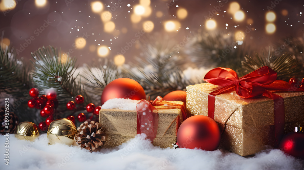 Box gold decorations on snow with gift boxes fir tree branches and christmas lights winter