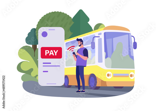 Man buying bus ticket online on smartphone backdrop of nature. Book and buy bus ticket. Travel ,tourism concept. Trip, buying tickets for bus in mobile app online .Contactless payment . NFC payment