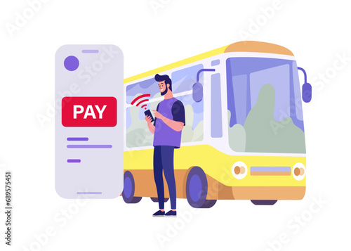 Man buying bus ticket online on smartphone isolated on white background. Book and buy bus ticket. Travel ,tourism concept. Trip, buying tickets for bus contactless payment . NFC payment