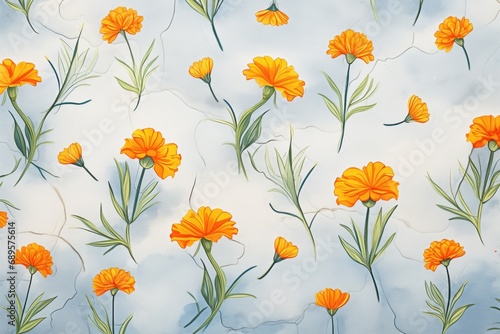 marigold flowers scattered on a stone background