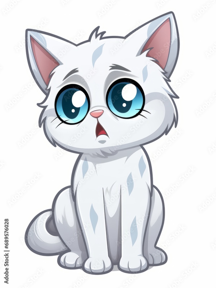Cartoon sticker white hungry kitten on white background isolated, AI Cartoon sticker white hungry kitten on white background isolated, AI