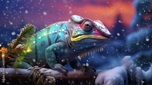 Chameleon changing colors to match Christmas lights, in a winter scene Ai Generative