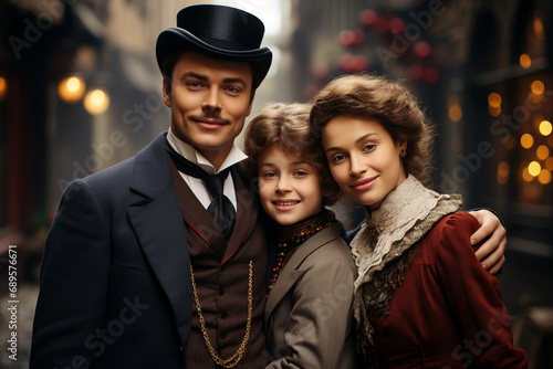 Father, mother and son 1800s style clothes posing