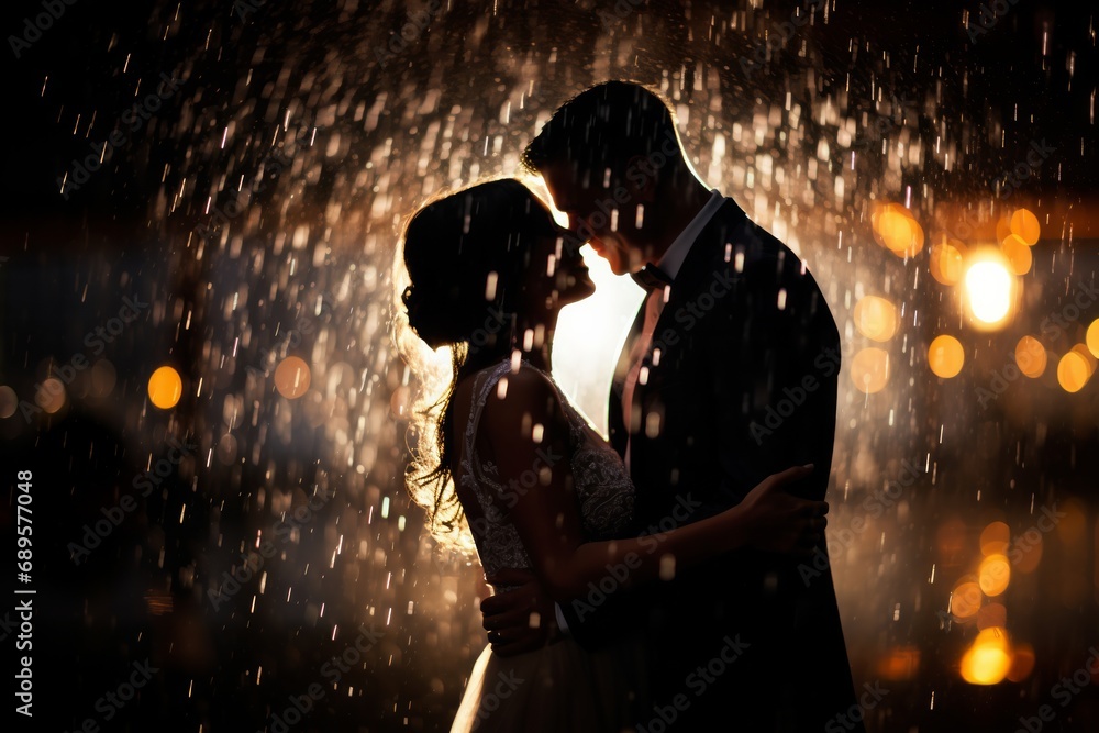 A Couple Embracing in the Rain. A man and a woman standing in the rain sharing a romantic kiss