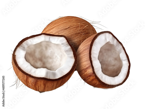 coconut half and whole element in isolated background