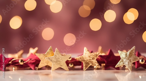 This asset features a collection of stars placed on a table with lights illuminating them. It's suitable for festive and celebratory designs, christmas stars over a pink background,