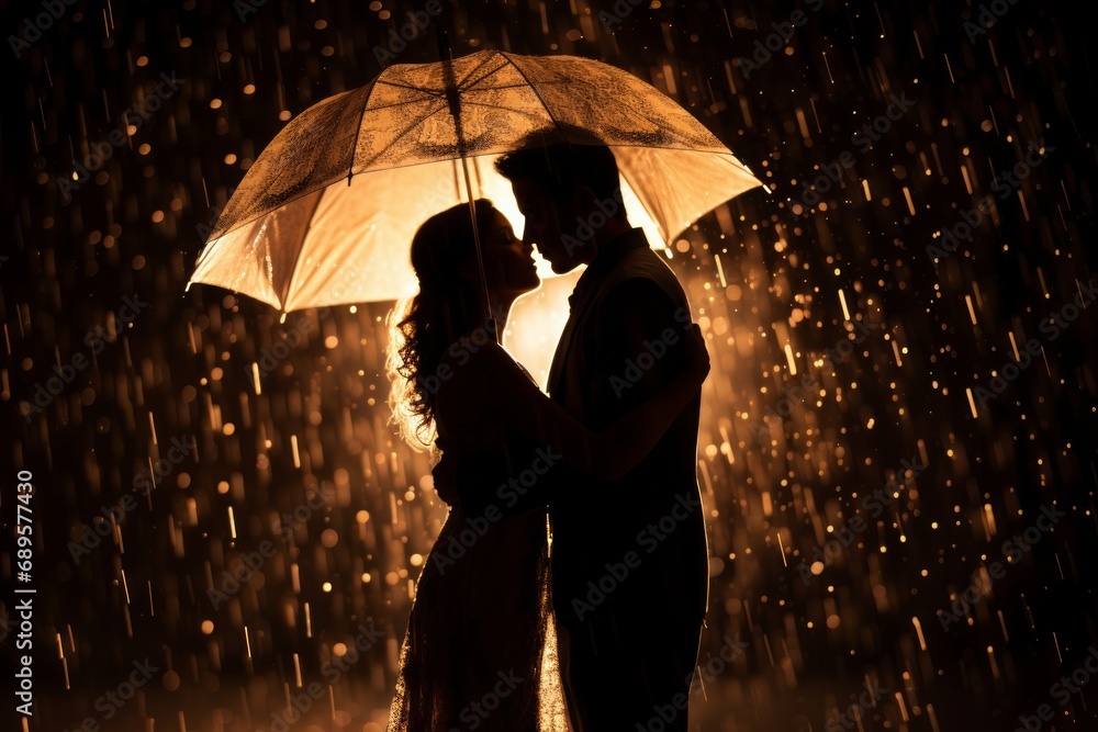 A Couple Kissing Under an Umbrella in the Rain. A Romantic Rainy Kiss. Romantic Couple Sharing a Kiss Under a Rainy Umbrella