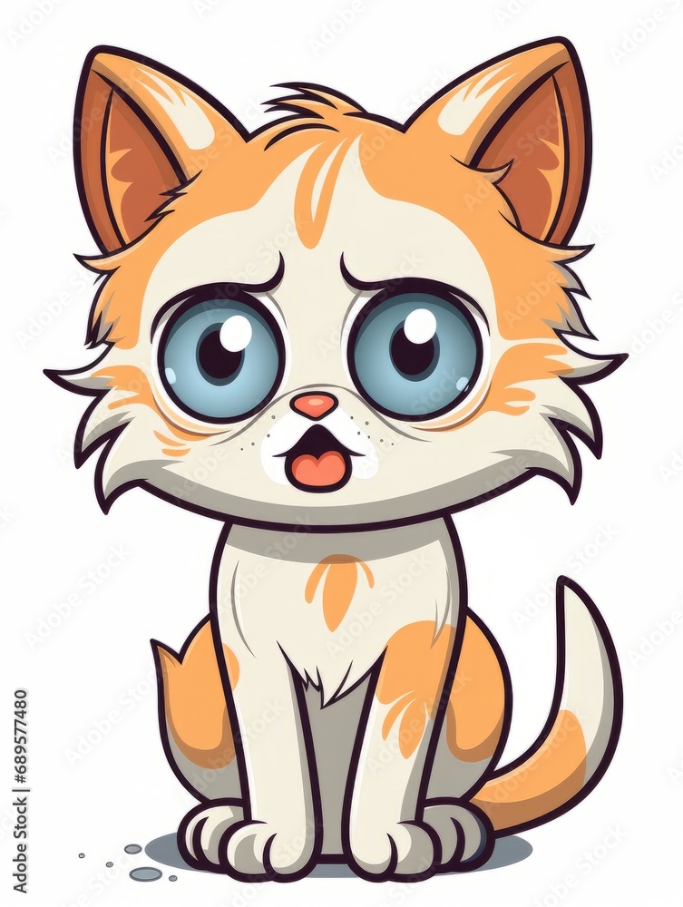 Cartoon sticker orange and white hungry kitten on white background isolated, AI