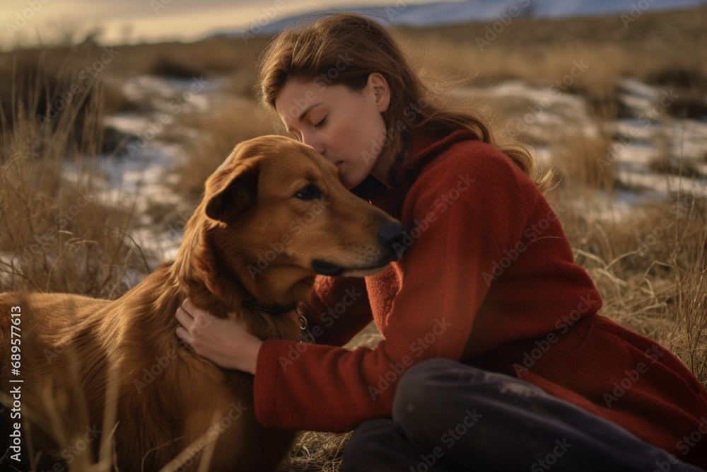 young woman petting a dog a walking in forest