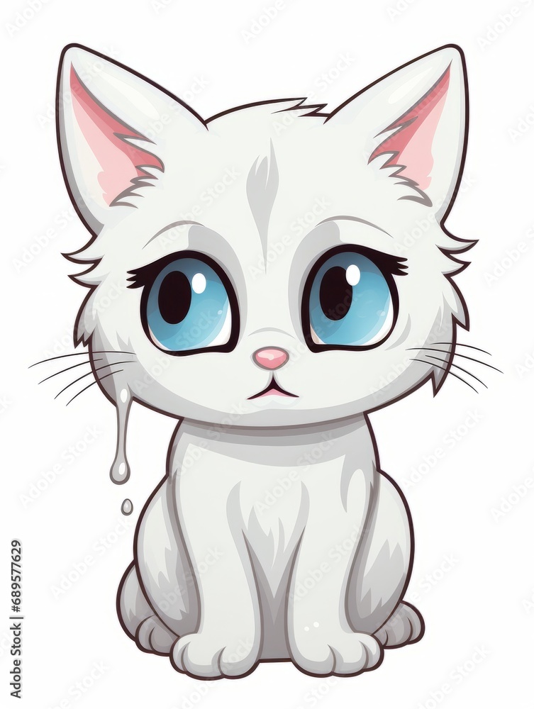 Cartoon sticker white hungry kitten on white background isolated, AI