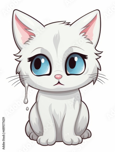 Cartoon sticker white hungry kitten on white background isolated  AI