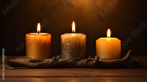 Three burning candles on a table
