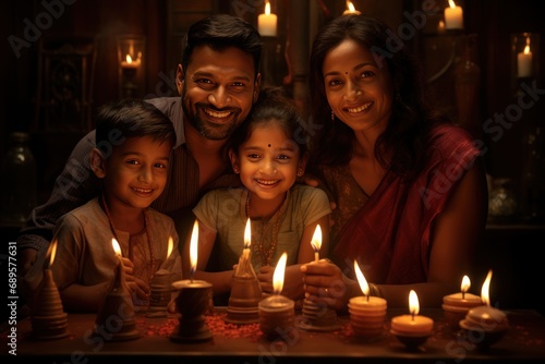 Family sits together near night light candles around table. Indian Diwali celebrations. Tradition festival.
