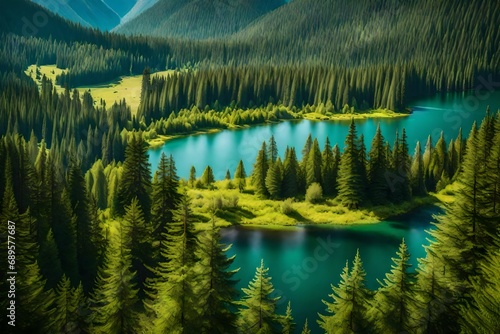 Beautiful landscape view of green summer forest with spruce and pine trees mountain, lake, river
