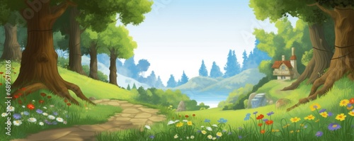 cartoon summer scene with meadow in the forest illustration for children  Generative AI