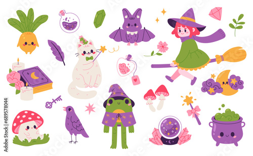 Set of cartoon magical elements and characters. Vector flat illustration.