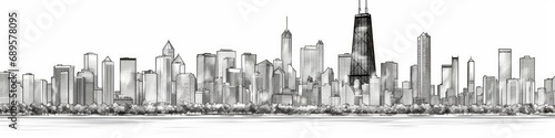 Hand drawn illustration. Panorama of the Chicago skyline. Detailed ink look and feel. Black and white  Generative AI