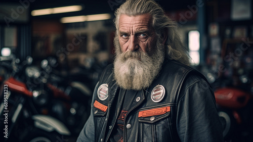 ritratto di motociclista in officina vintage