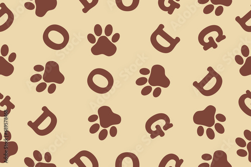 Seamless pattern. Background of the word dog and paw print. Vector illustration on a white background.