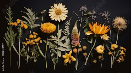 Herbarium of different flowers and plants on a dark background. Floral art.
 photo
