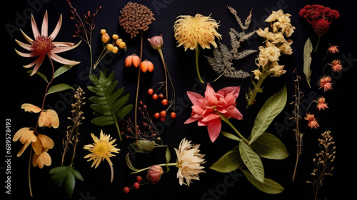 Herbarium of different flowers and plants on a dark background. Floral art.
 photo