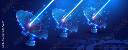 Futuristic Satellite Communication Array Transmitting Data in Space. Astronomy. A large satellite dish transmits and receives a signal from space. Vector illustration  photo