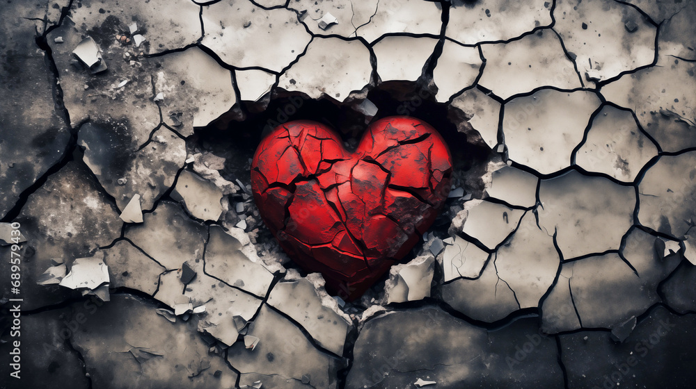 A red stone heart smashed in a cracked concrete ground as a symbol for a broken heart and lovesickness - obrazy, fototapety, plakaty 