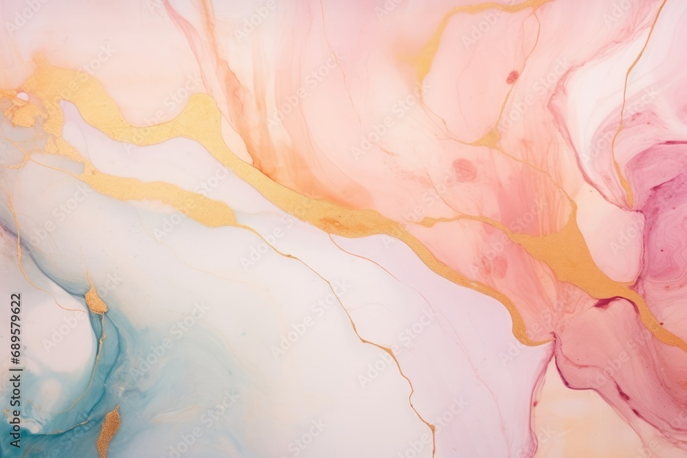 Natural luxury abstract fluid art painting in alcohol ink technique. Tender and dreamy wallpaper. Mixture of colors creating waves and golden swirls. For posters, other printed, Generative AI