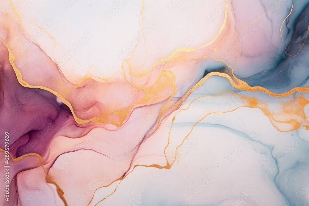 Natural luxury abstract fluid art painting in alcohol ink technique. Tender and dreamy wallpaper. Mixture of colors creating waves and golden swirls. For posters, other printed, Generative AI