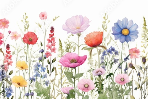 Beautiful floral summer seamless pattern with watercolor hand drawn field wild flowers. Stock illustration  Generative AI